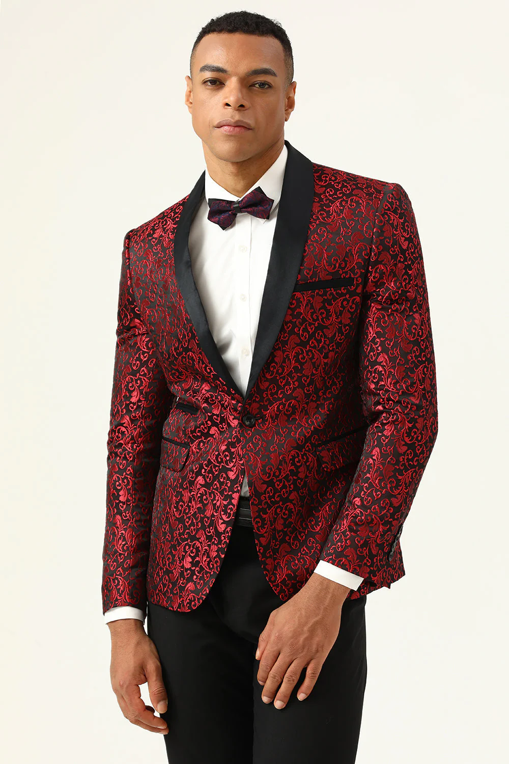 One Button Red Shawl Lapel Jacquard Men’s Prom Blazer - Image 4