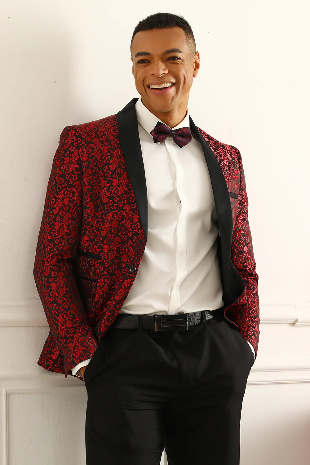 One Button Red Shawl Lapel Jacquard Men’s Prom Blazer - Image 5