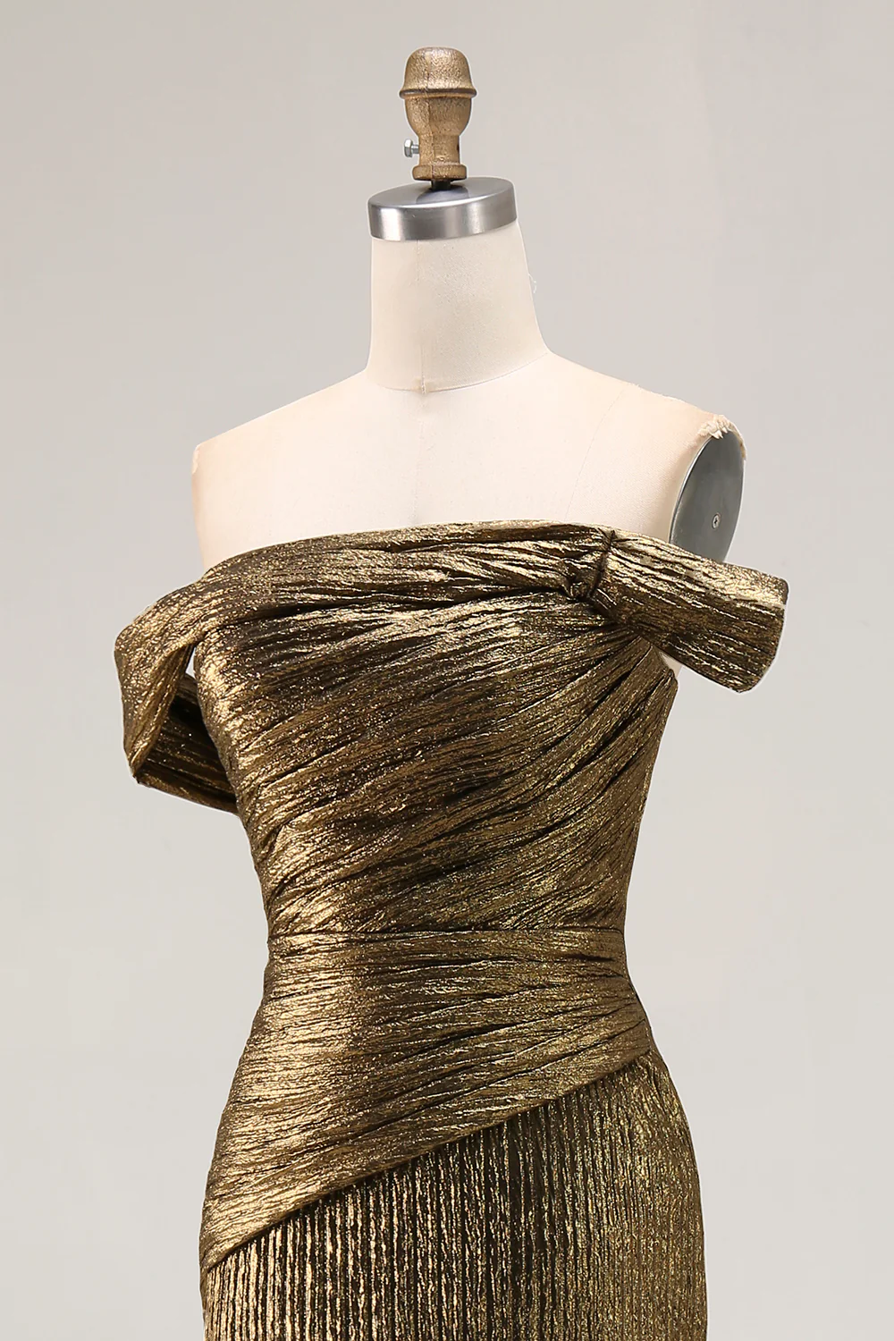 Or Épaule Dénudée Fourreau Robe De Bal En Satin Métallisé Avec Fente - Image 10