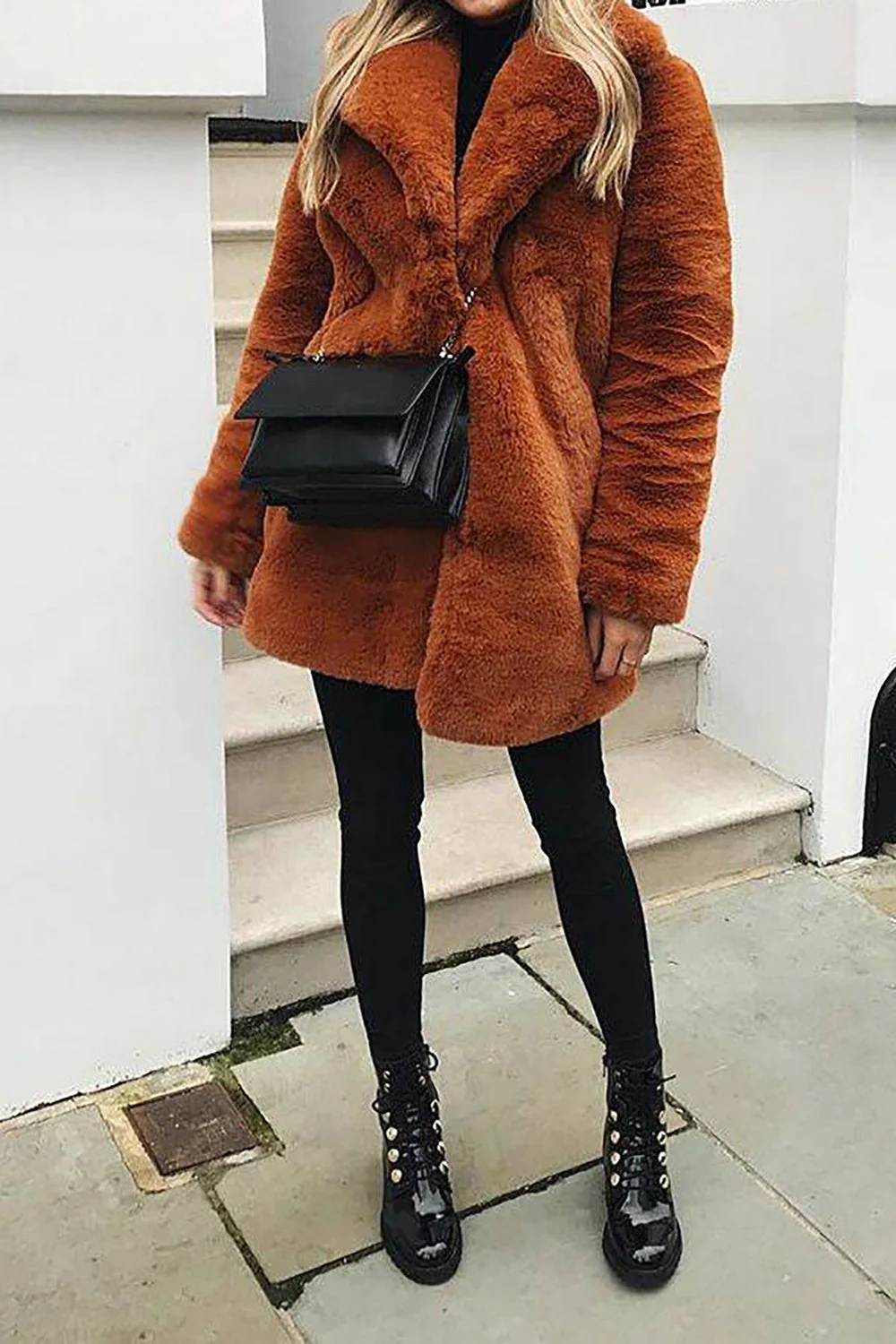 Orange Col à revers ouvert devant Fausse fourrure Midi Femmes Manteau - Image 2