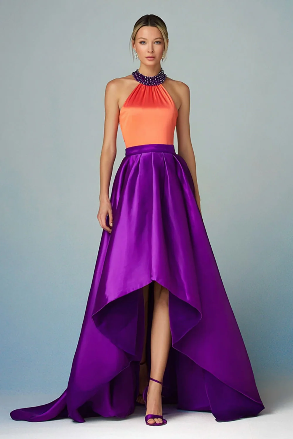 Orange scintillant et violet une ligne dos nu haute basse robe formelle avec perles