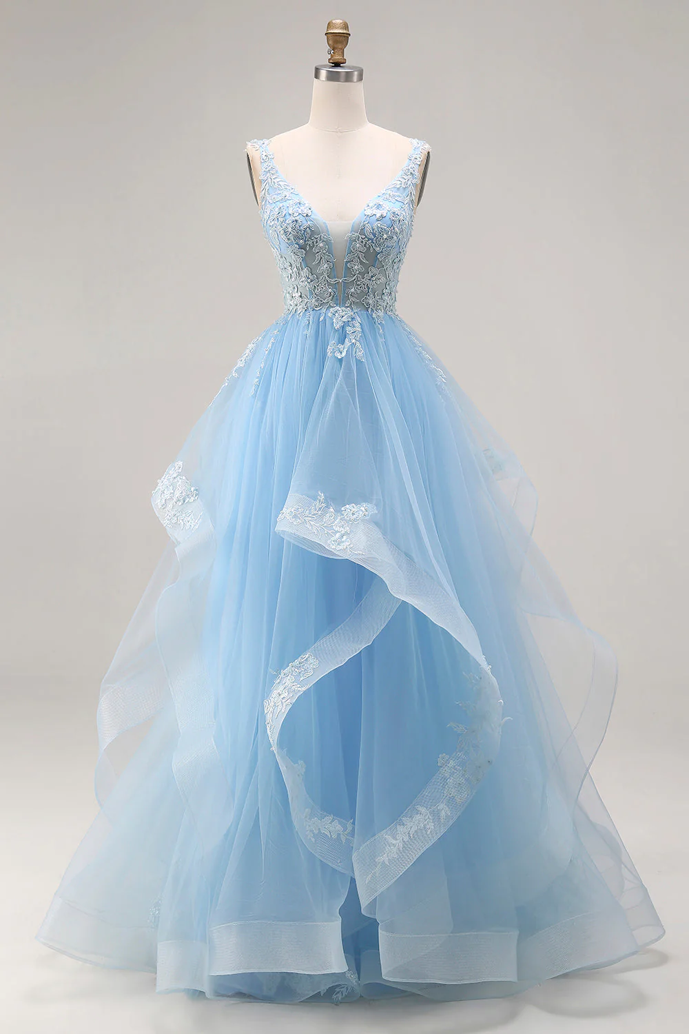 Organza bleu ciel col en V et pliquée et longue robe de bal