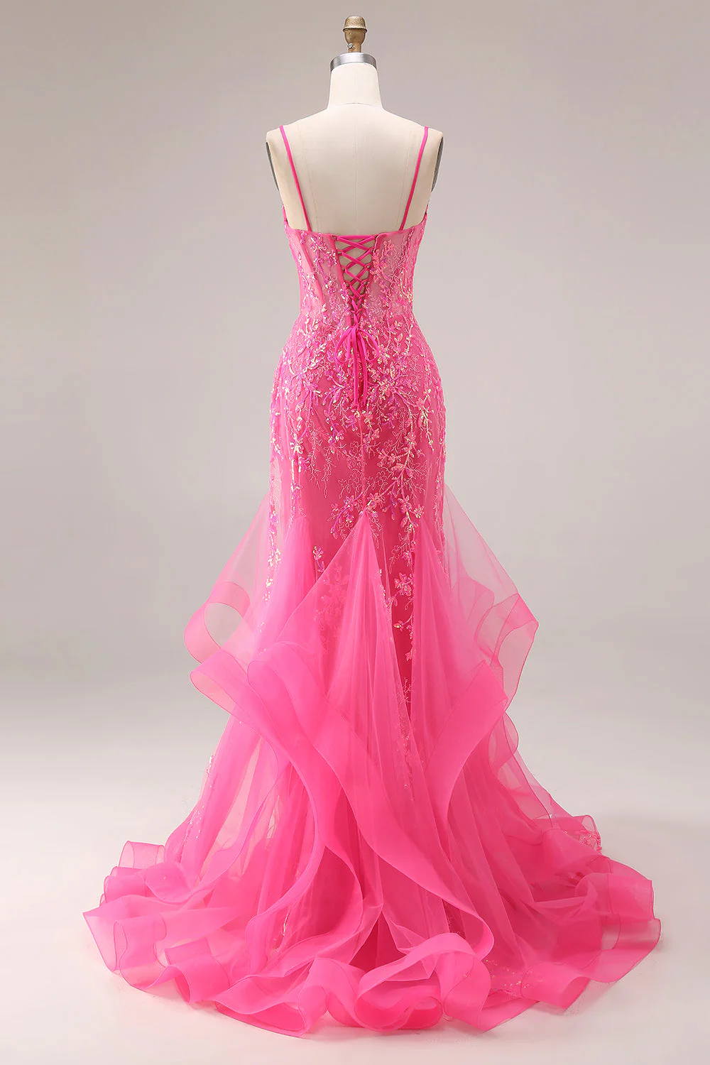 Organza fuchsia corset sirène à bretelles fines robe de bal longue avec des appliques - Image 2