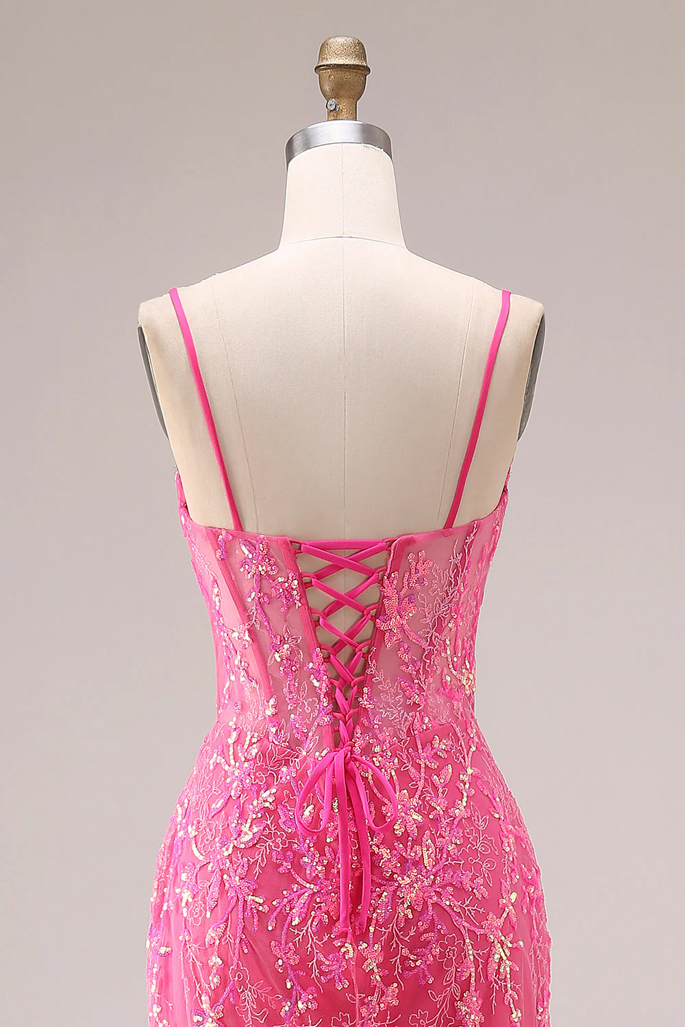 Organza fuchsia corset sirène à bretelles fines robe de bal longue avec des appliques - Image 5