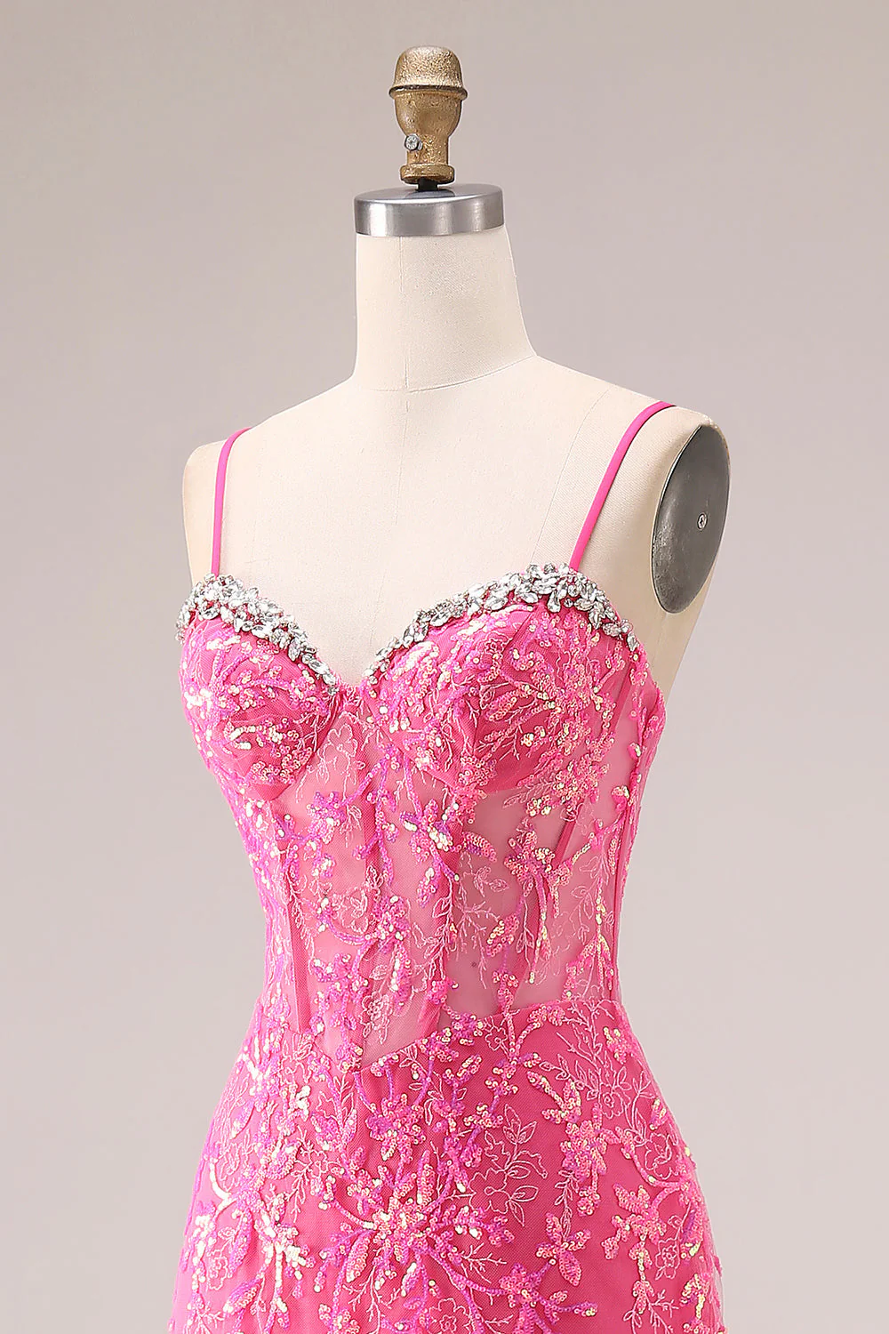 Organza fuchsia corset sirène à bretelles fines robe de bal longue avec des appliques - Image 6