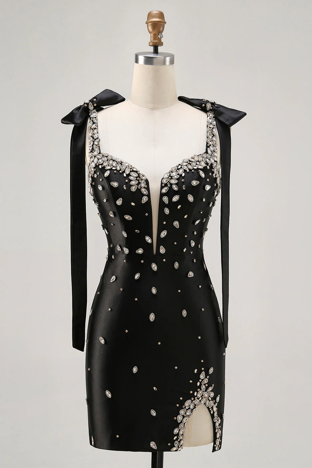 Pailleté noir spaghetti bretelles strass serré Robe de cocktail avec fente - Image 7