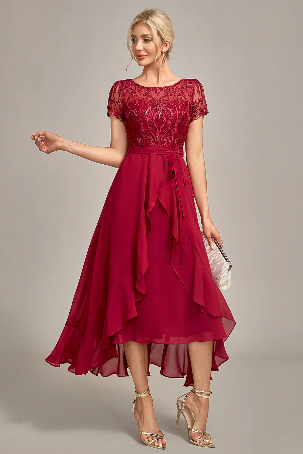 Paillettes asymétriques Bordeaux scintillant mère de robe de mariée avec Appliques - Image 3