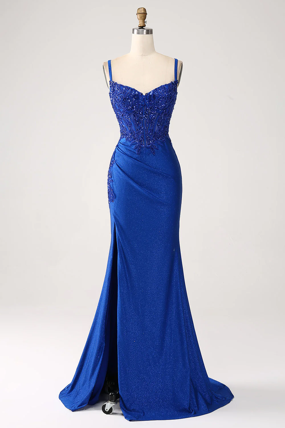 Robe de soirée sirène bleu roi à paillettes et bretelles spaghetti avec appliques