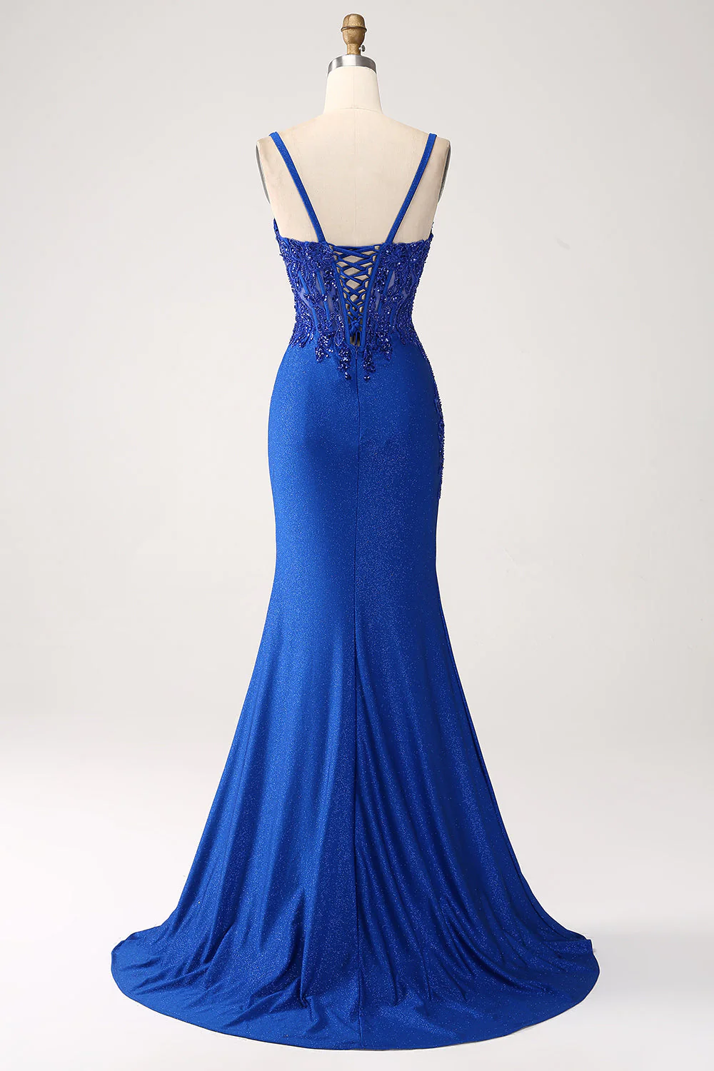Robe de soirée sirène bleu roi à paillettes et bretelles spaghetti avec appliques - Image 2