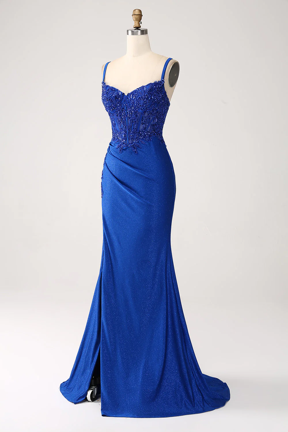 Robe de soirée sirène bleu roi à paillettes et bretelles spaghetti avec appliques - Image 3