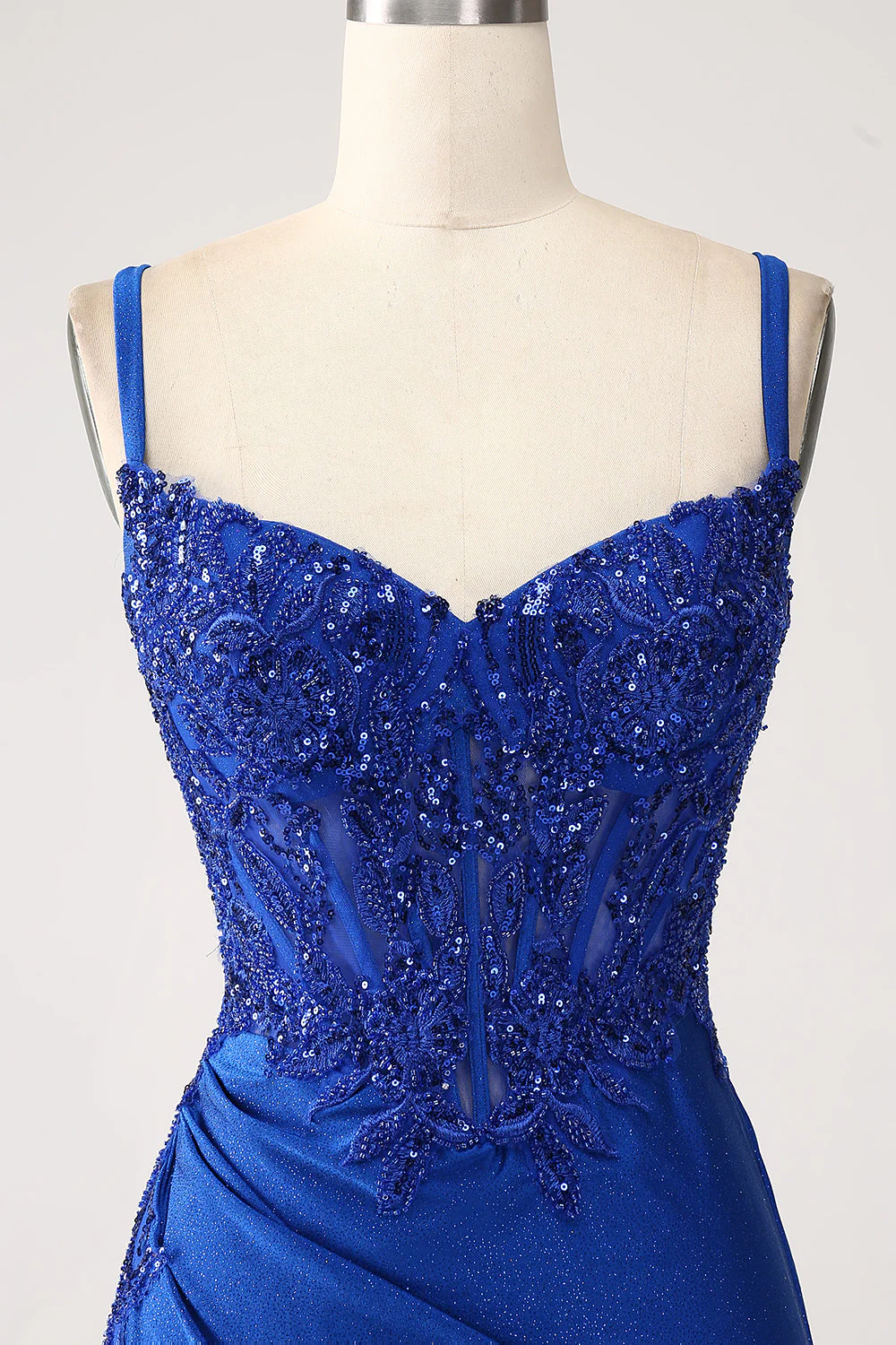 Robe de soirée sirène bleu roi à paillettes et bretelles spaghetti avec appliques - Image 4