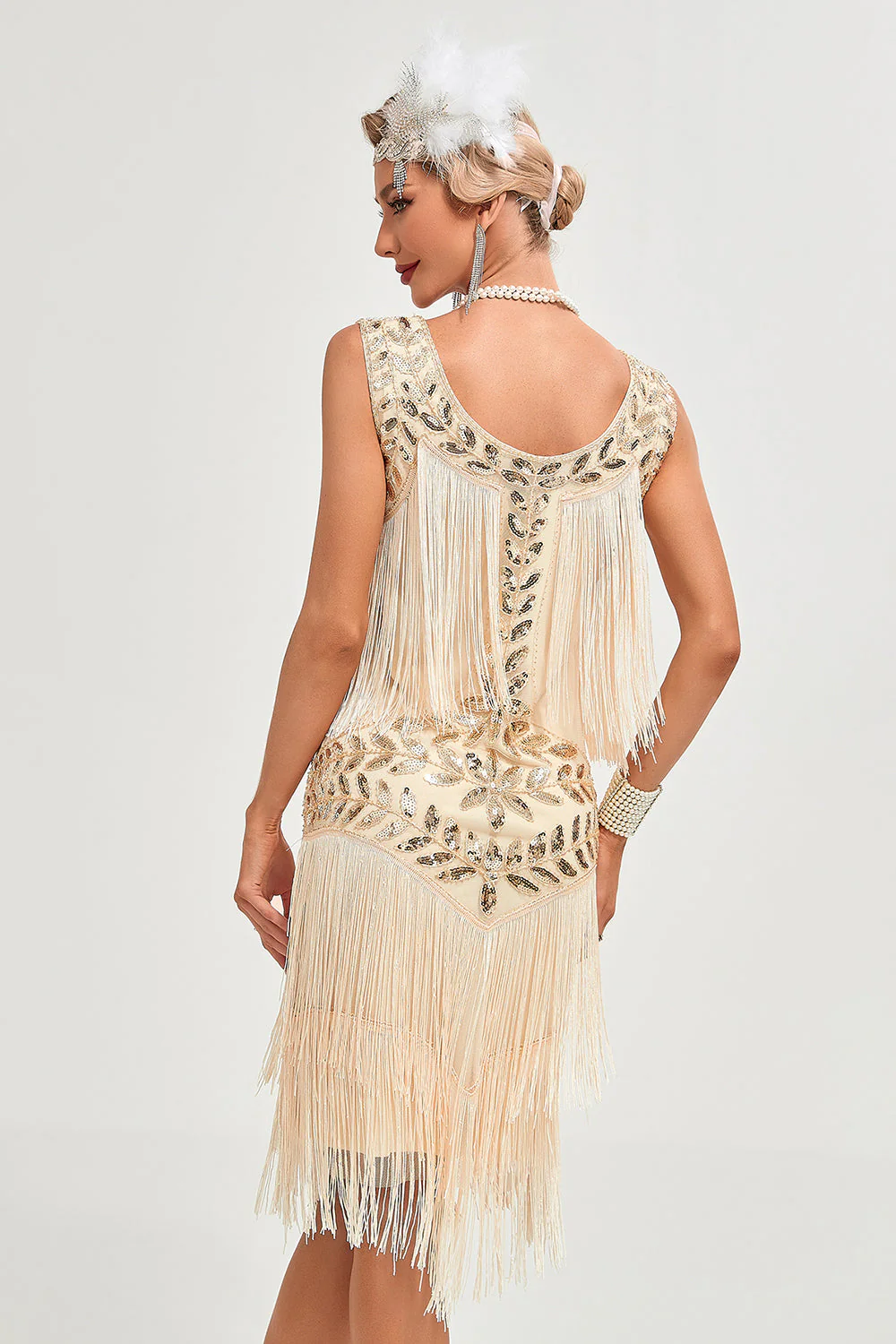 Paillettes Champagne paillettes frangées des années 20 Gatsby robe avec accessoires ensemble - Image 2
