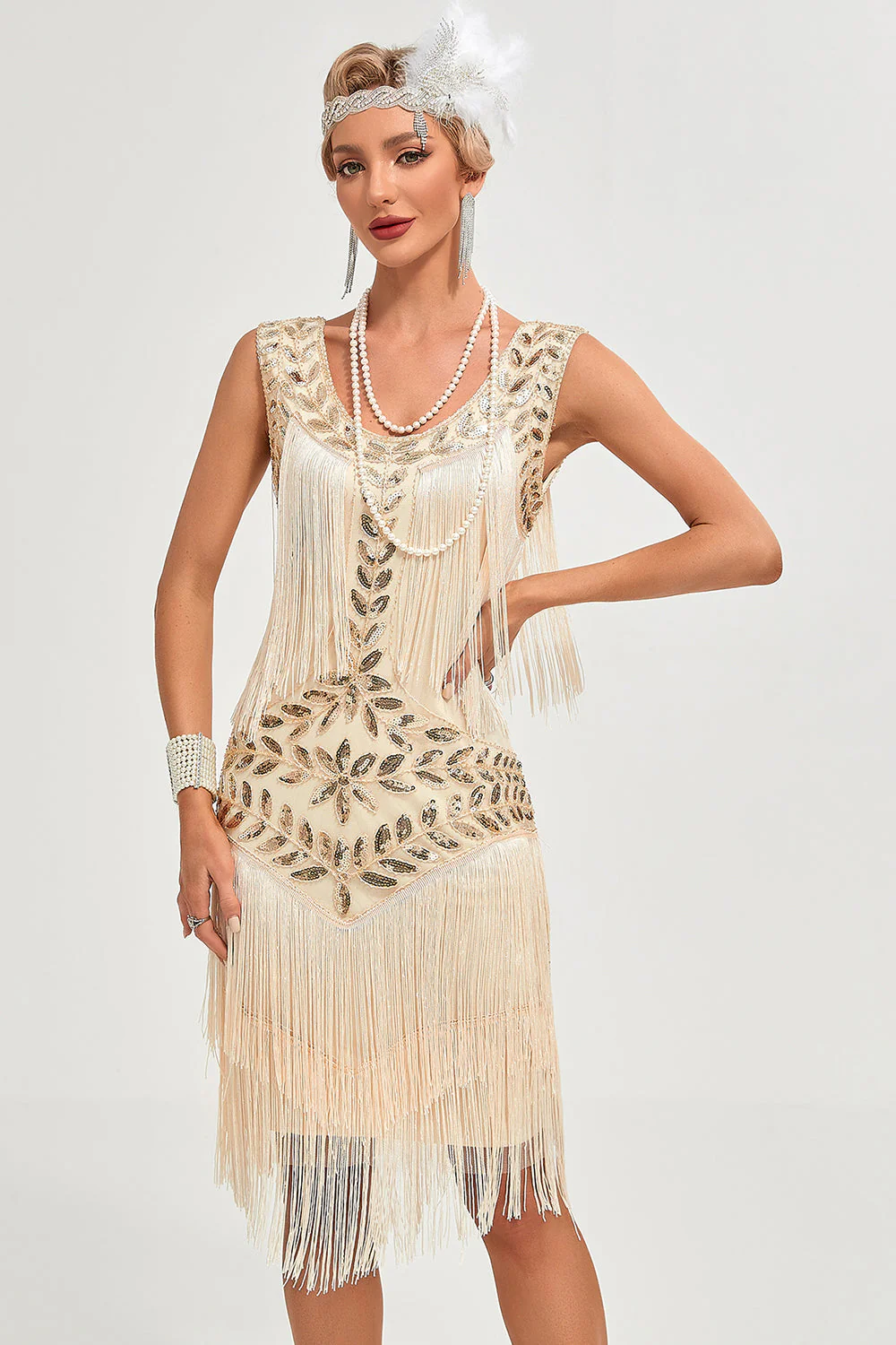 Paillettes Champagne paillettes frangées des années 20 Gatsby robe avec accessoires ensemble - Image 4