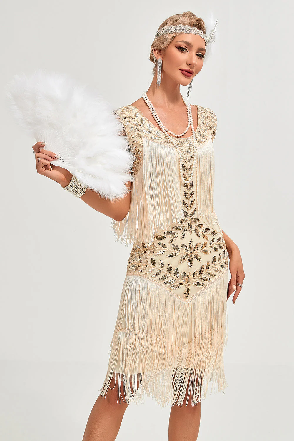 Paillettes Champagne paillettes frangées des années 20 Gatsby robe avec accessoires ensemble - Image 5