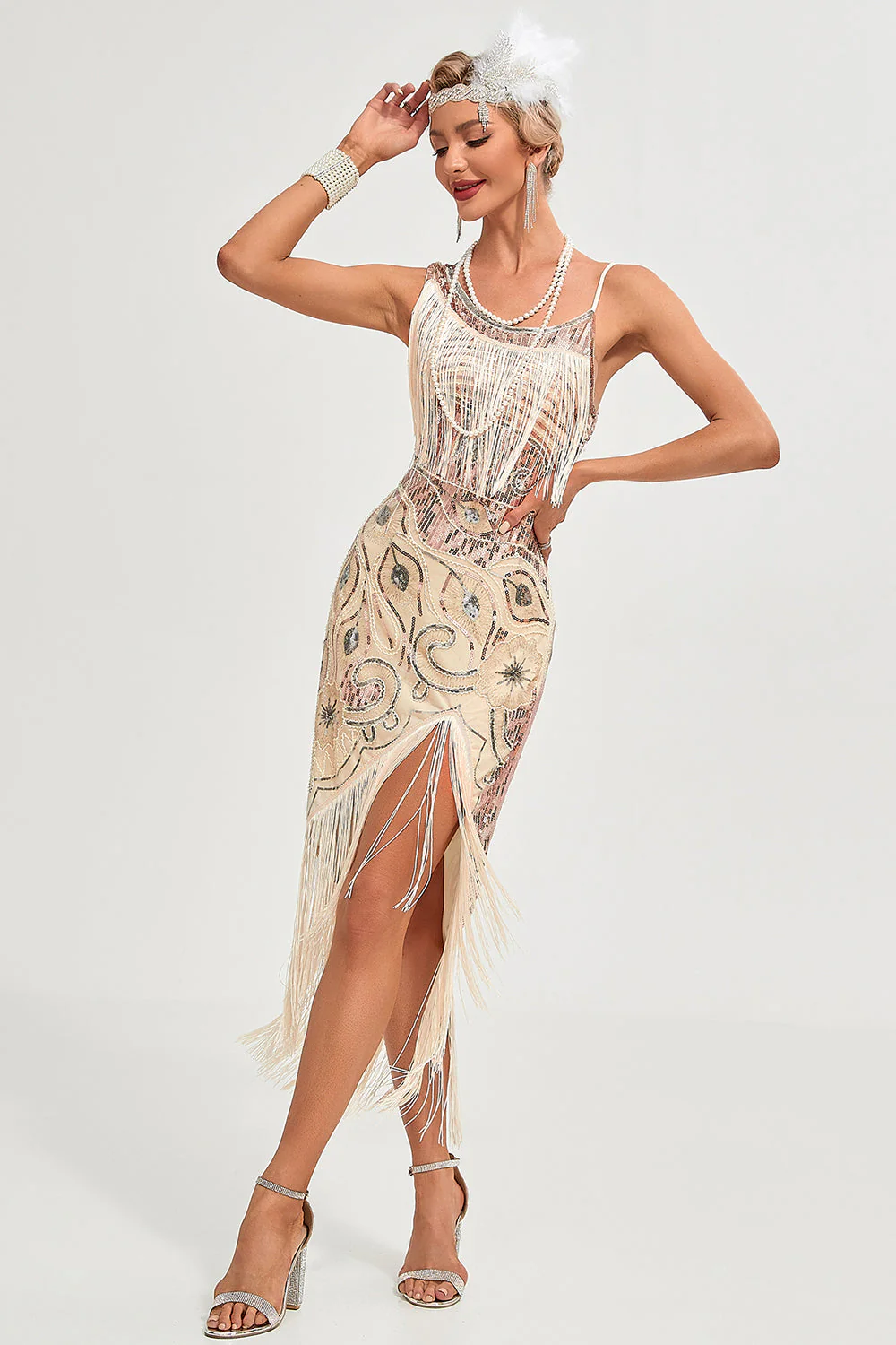 Paillettes champagne scintillantes franges asymétriques des années 20 Gatsby robe avec accessoires - Image 4
