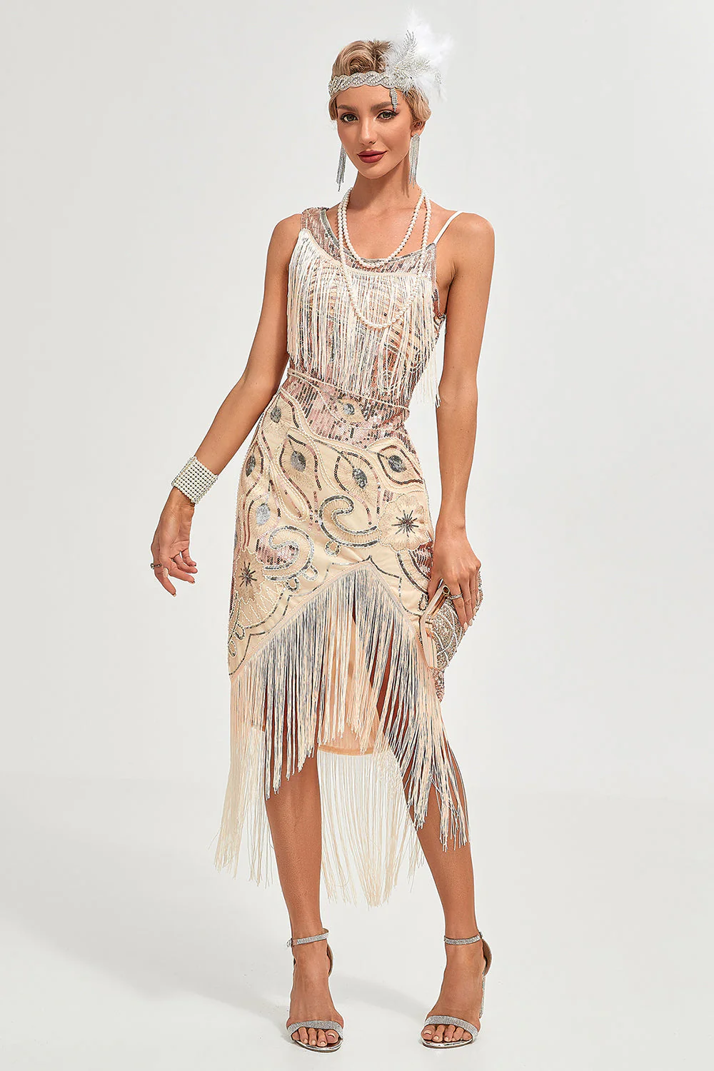 Paillettes champagne scintillantes franges asymétriques des années 20 Gatsby robe avec accessoires - Image 5