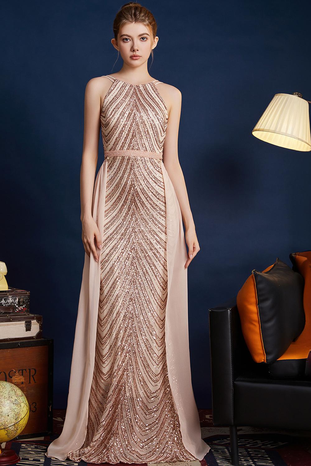 Paillettes dorées Une ligne spaghetti bretelles Perles Robe de bal longue
