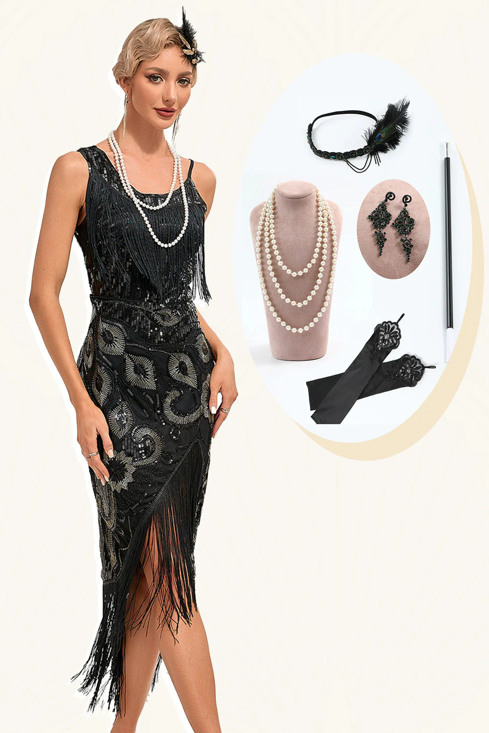 Paillettes noires à paillettes frangées des années 20 Gatsby robe avec accessoires