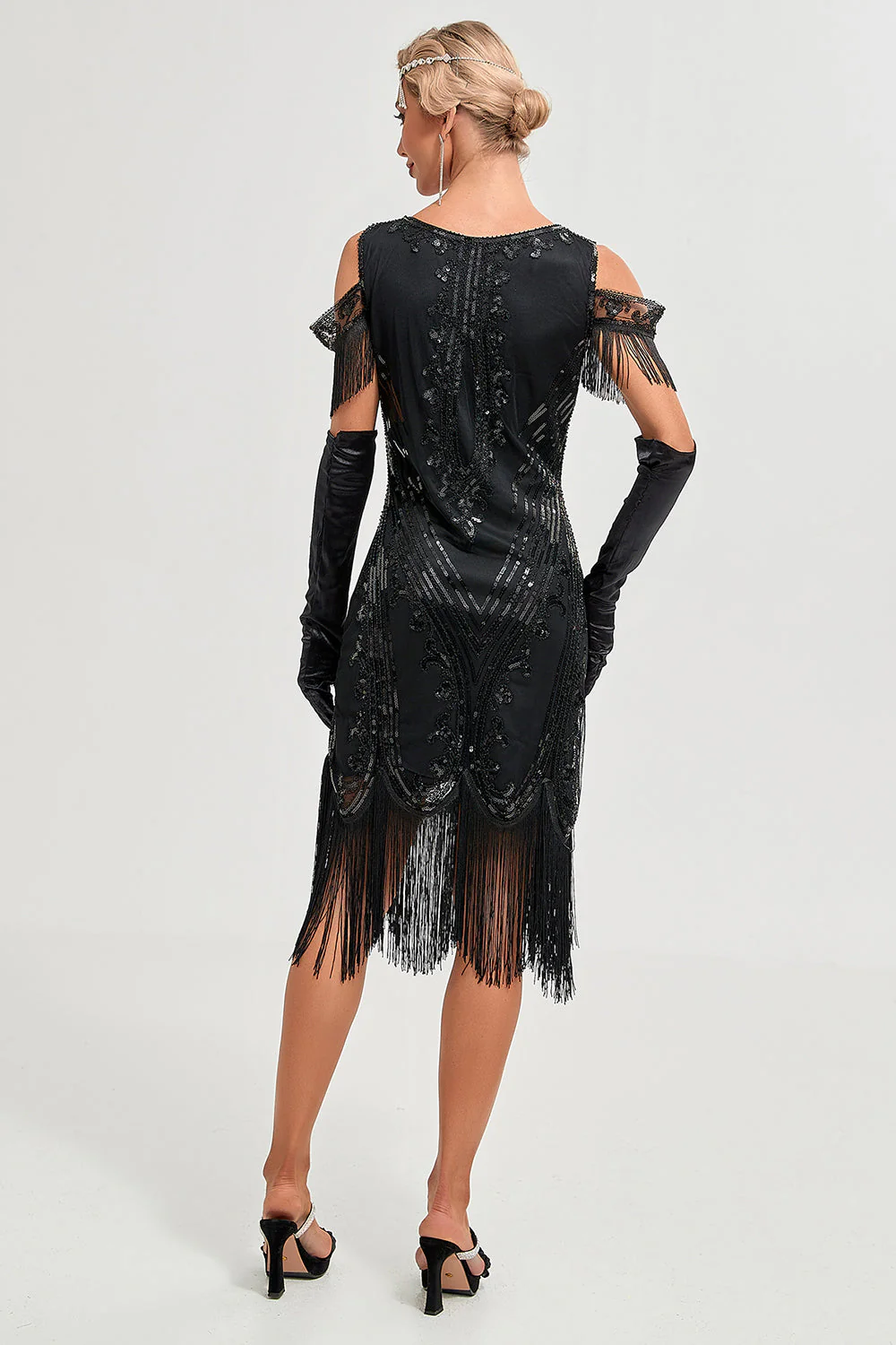 Paillettes noires épaule froide paillettes franges des années 20 Gatsby robe avec accessoires ensemble - Image 2