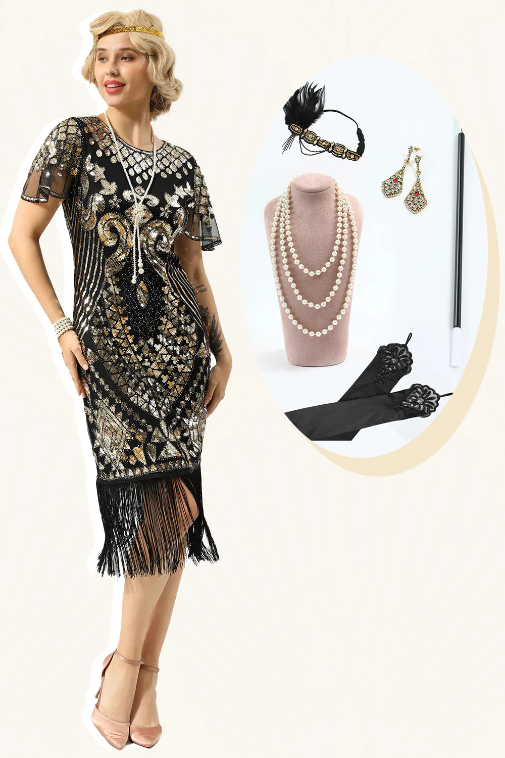 Paillettes noires frangées manches des années 20 robe avec accessoires ensemble