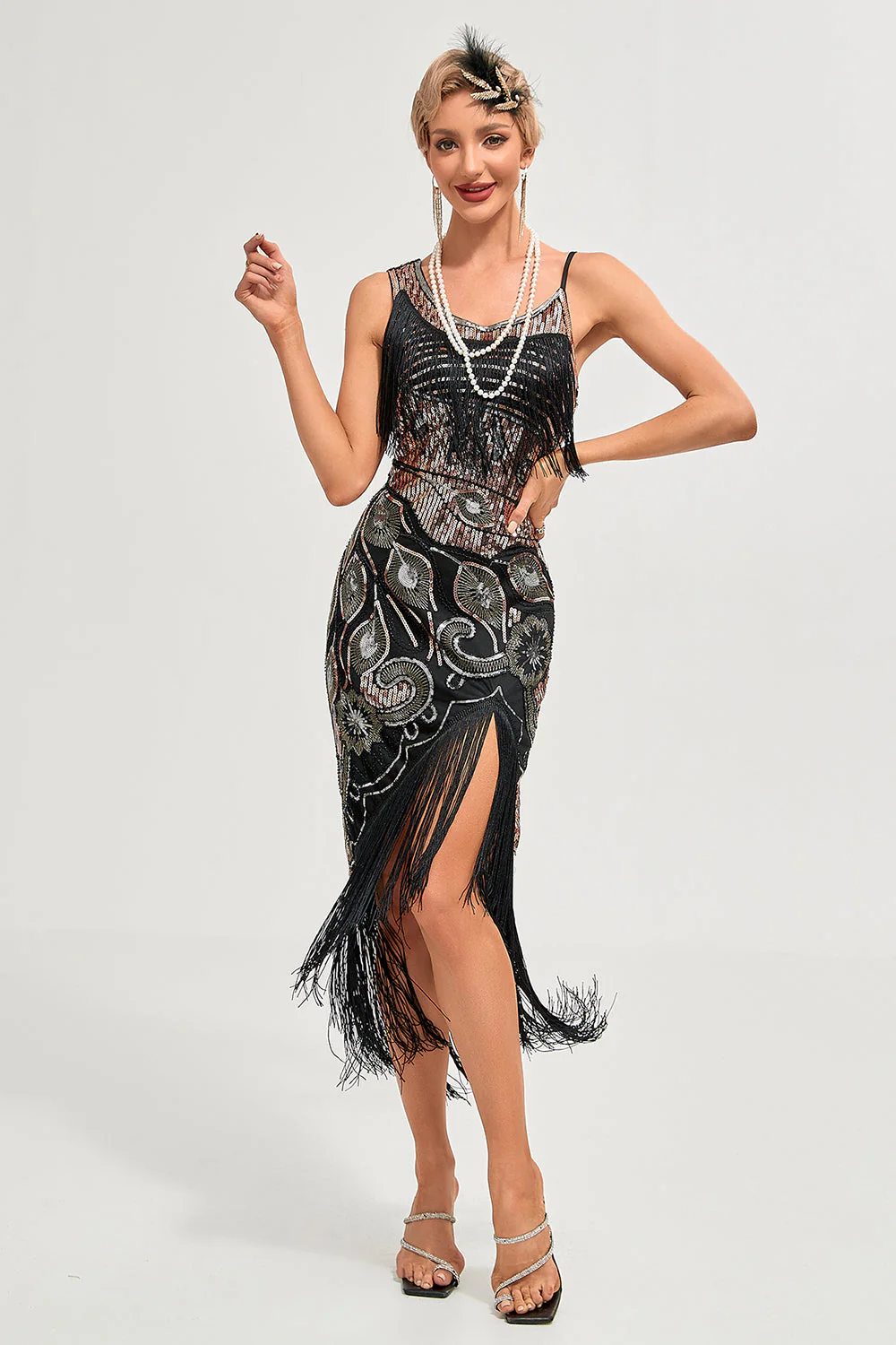 Paillettes noires scintillantes franges asymétriques des années 20 Gatsby robe avec accessoires ensemble - Image 4