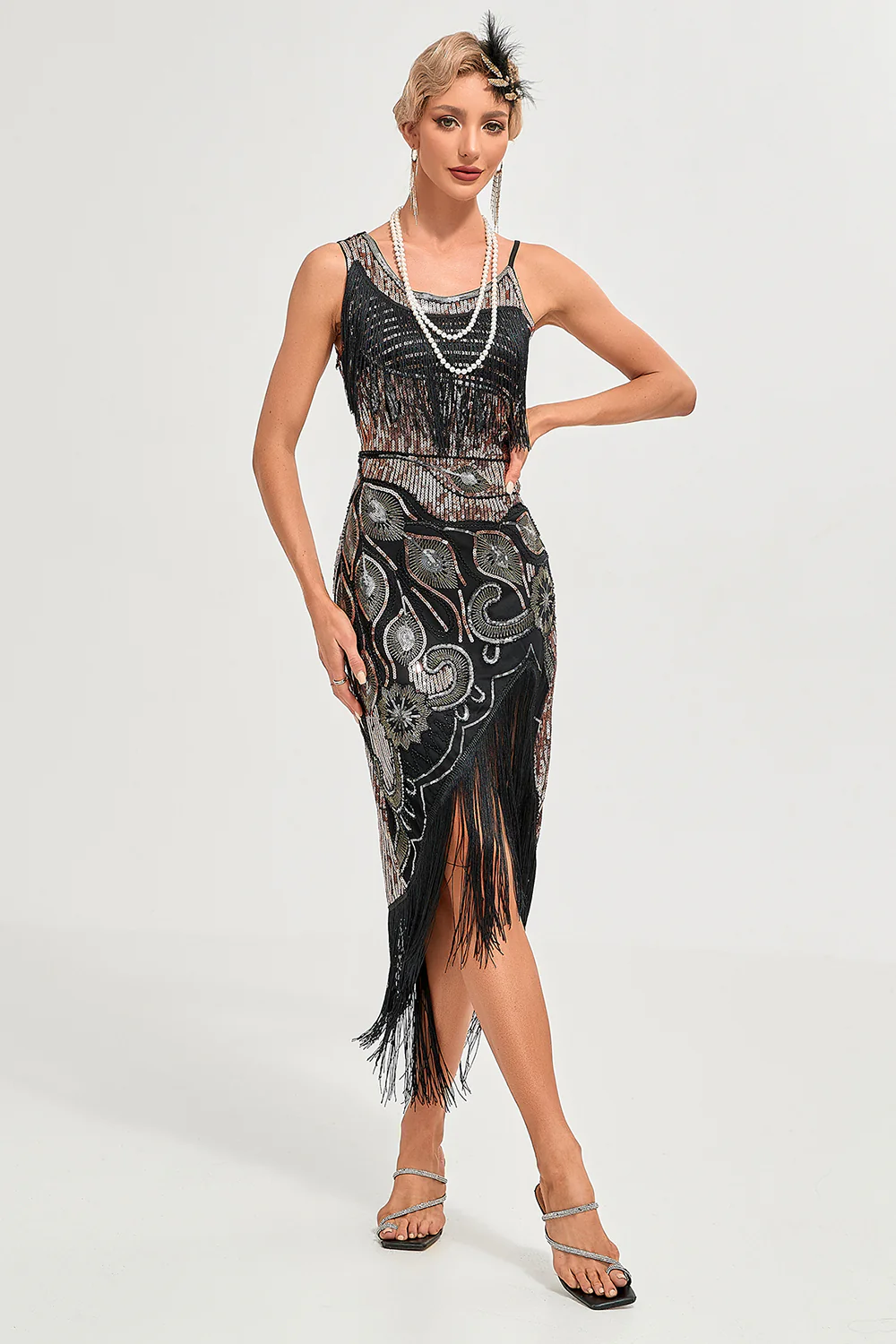 Paillettes noires scintillantes franges asymétriques des années 20 Gatsby robe avec accessoires ensemble - Image 5