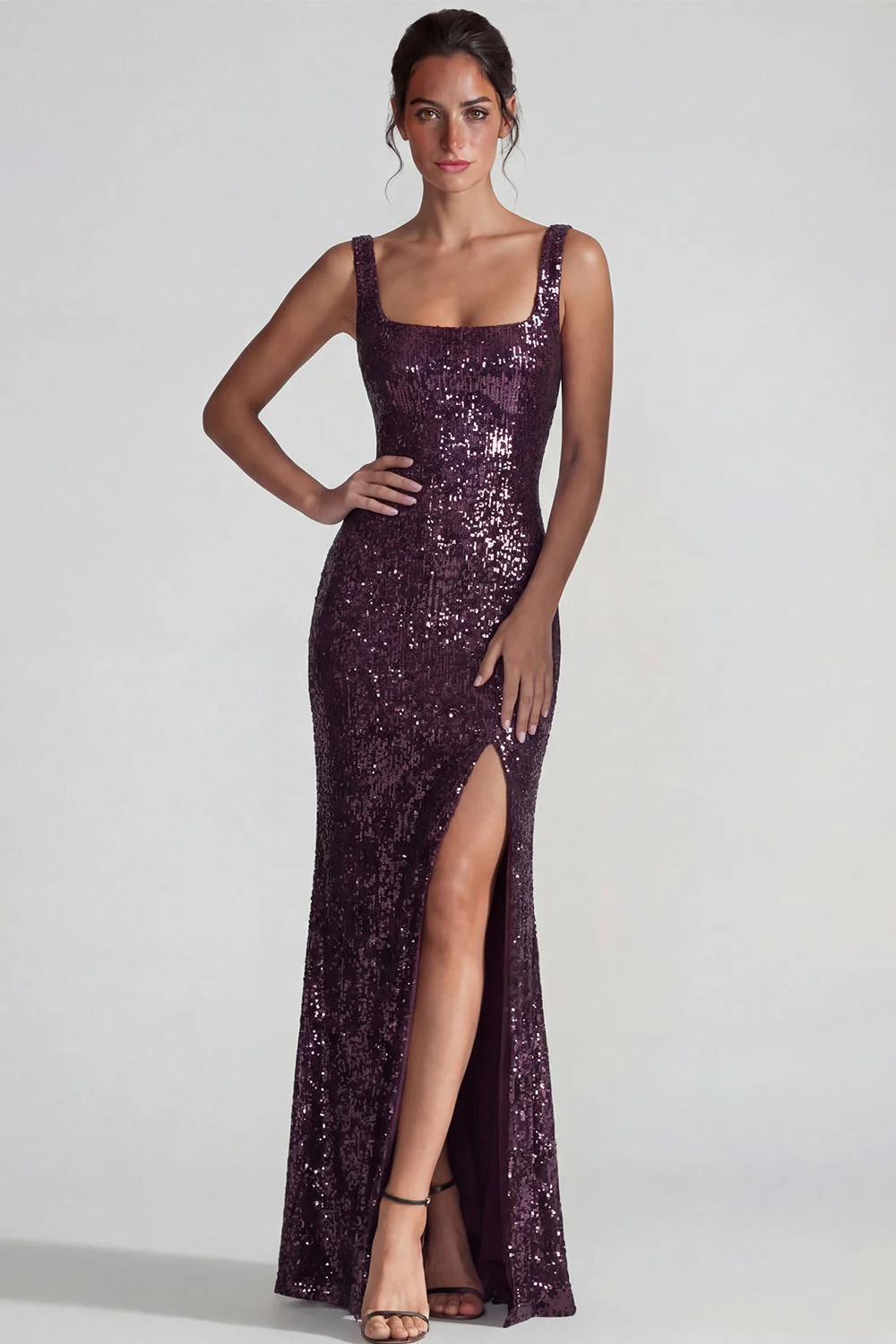 Paillettes, paillettes à col carré violet foncé, fourreau Longue robe formelle avec fente