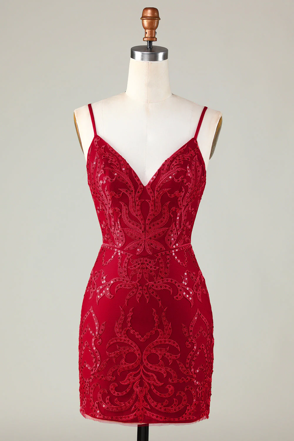 Paillettes rouge foncé étincelantes Robe de cocktail courte moulante à bretelles spaghetti