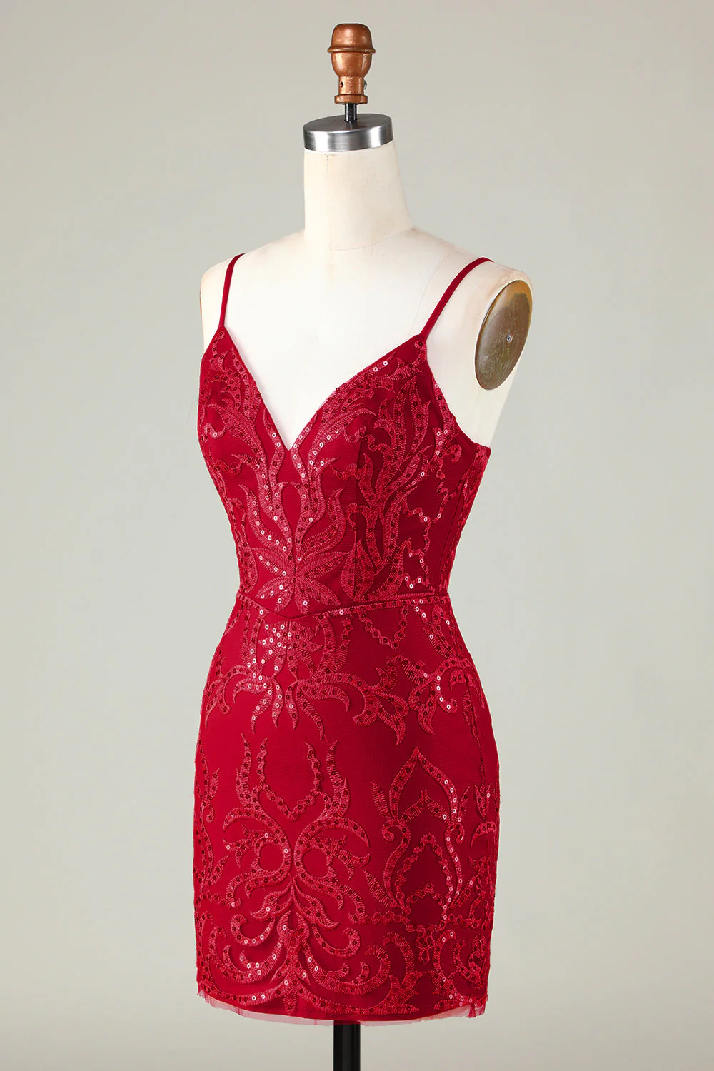 Paillettes rouge foncé étincelantes Robe de cocktail courte moulante à bretelles spaghetti - Image 3