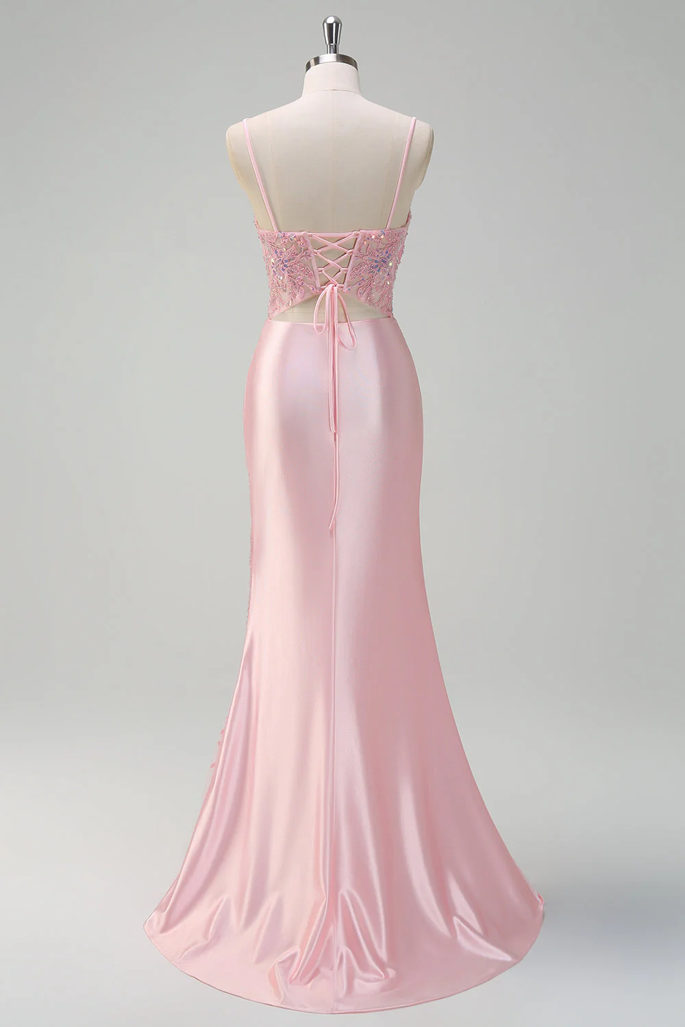 Paillettes scintillantes Robe de bal corset froncée rose clair sirène avec fente - Image 2