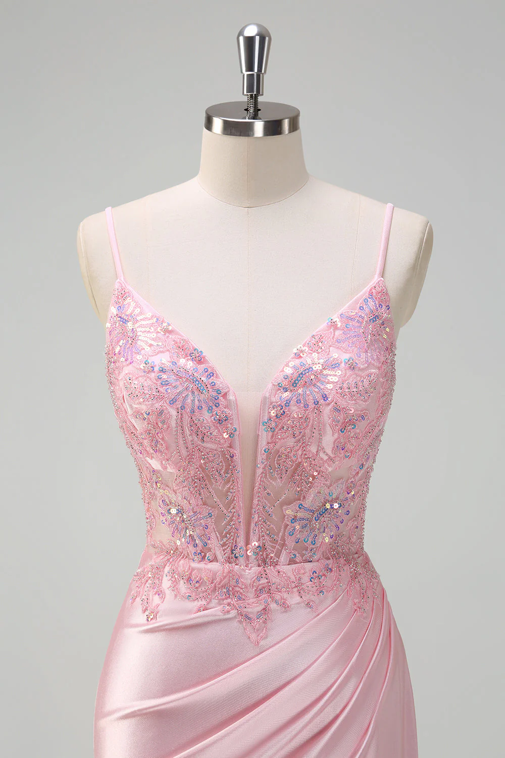 Paillettes scintillantes Robe de bal corset froncée rose clair sirène avec fente - Image 4