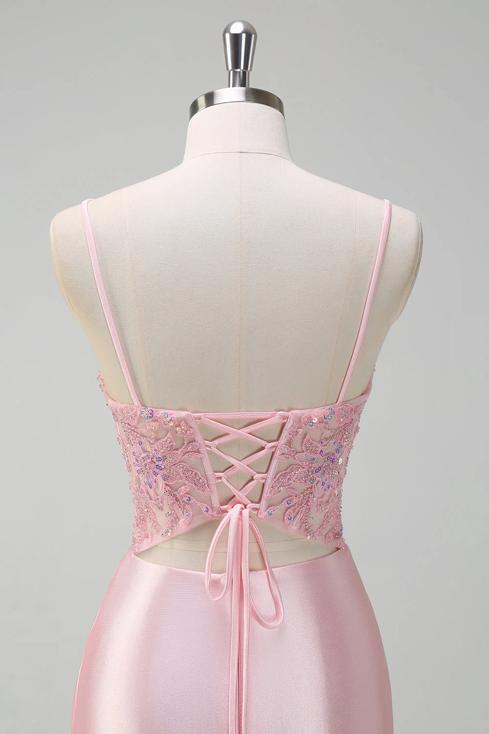 Paillettes scintillantes Robe de bal corset froncée rose clair sirène avec fente - Image 5