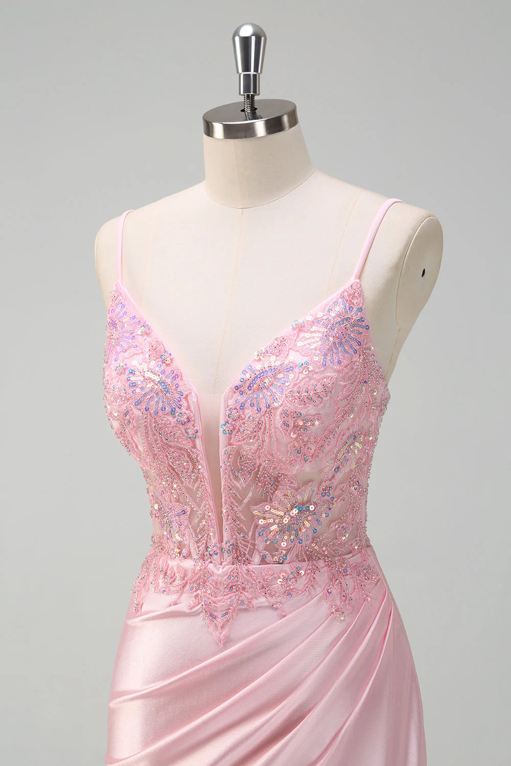 Paillettes scintillantes Robe de bal corset froncée rose clair sirène avec fente - Image 6