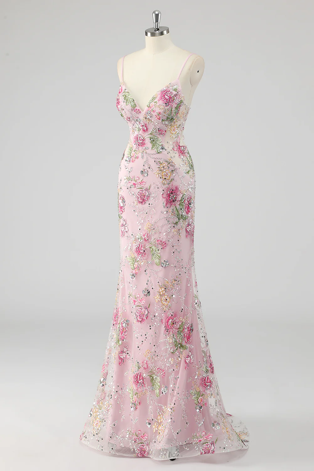 Robe de soirée sirène noire à sequins et bretelles fines avec appliques - Image 10