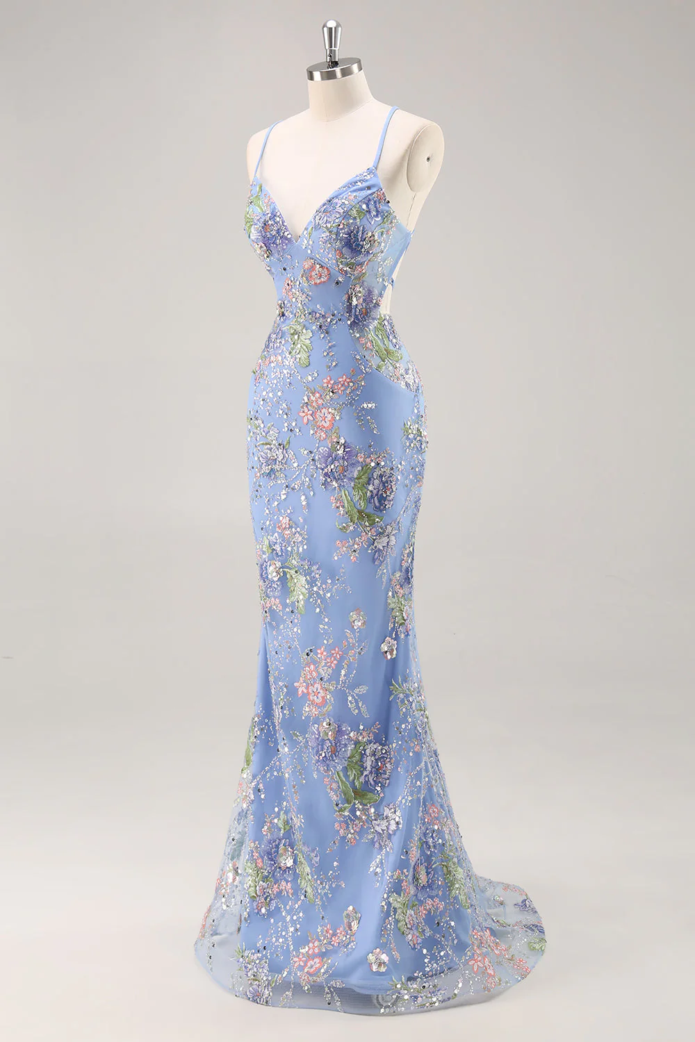 Robe de soirée sirène noire à sequins et bretelles fines avec appliques - Image 16