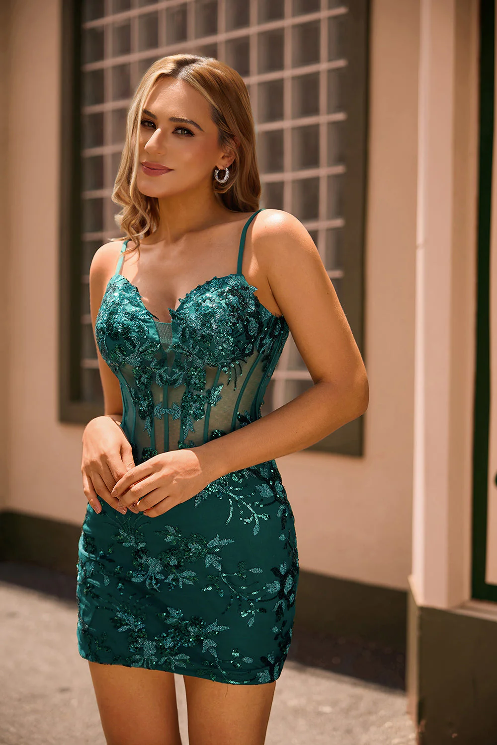 Paillettes scintillantes vert foncé Moulante corset dos nu Robe de retour - Image 4