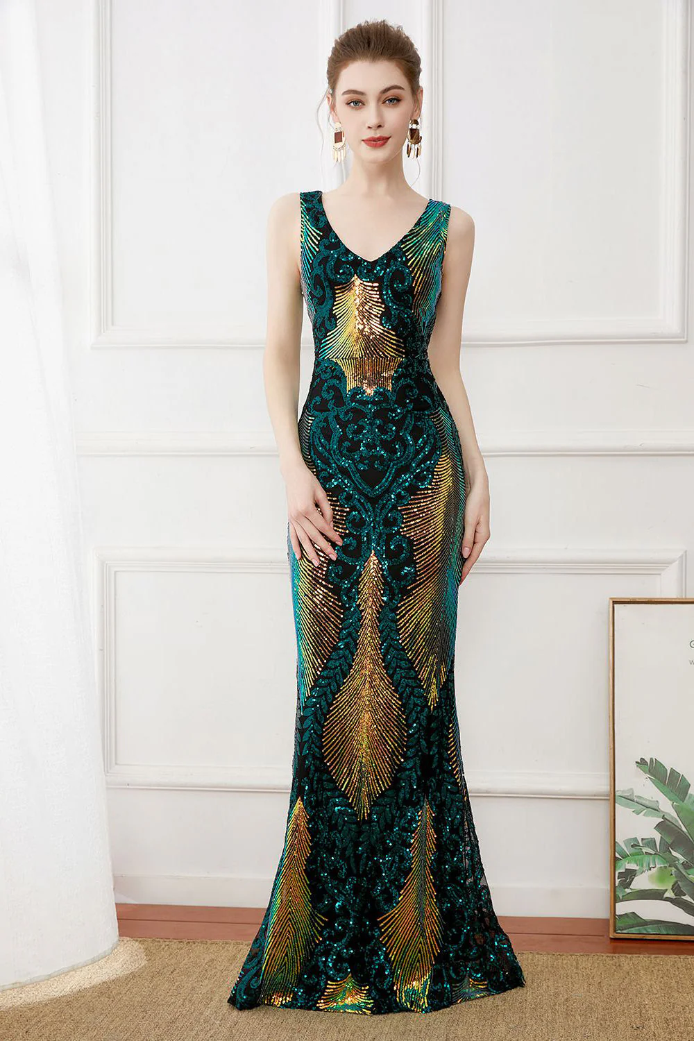 Paillettes vert foncé Gaine longue robe des années 20