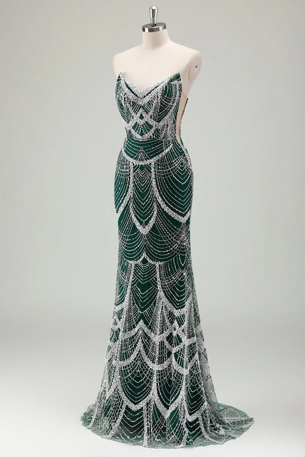 Robe de soirée longue vert foncé à paillettes et bustier style sirène - Image 3