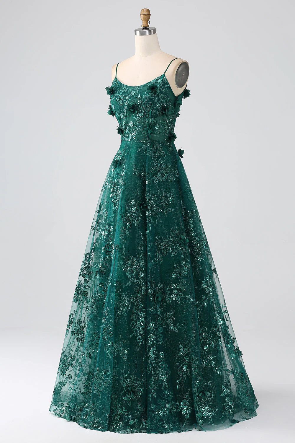 Paillettes Vert Foncé Spaghetti Bretelles Dentelle Fleur Longue Corset Robe De Bal - Image 3