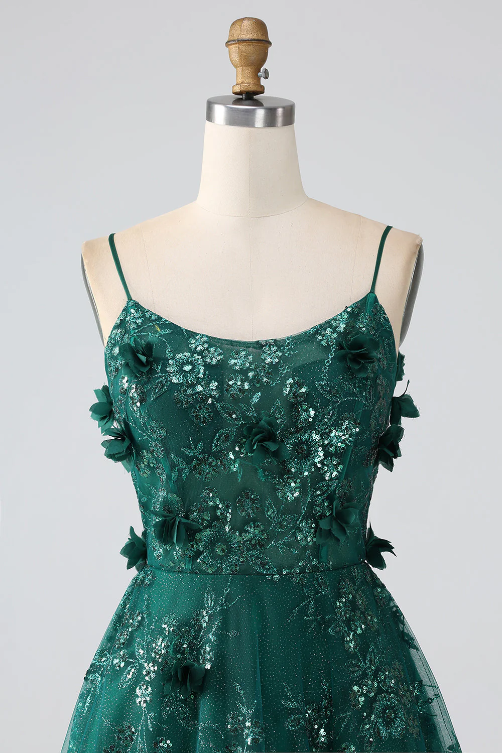 Paillettes Vert Foncé Spaghetti Bretelles Dentelle Fleur Longue Corset Robe De Bal - Image 4