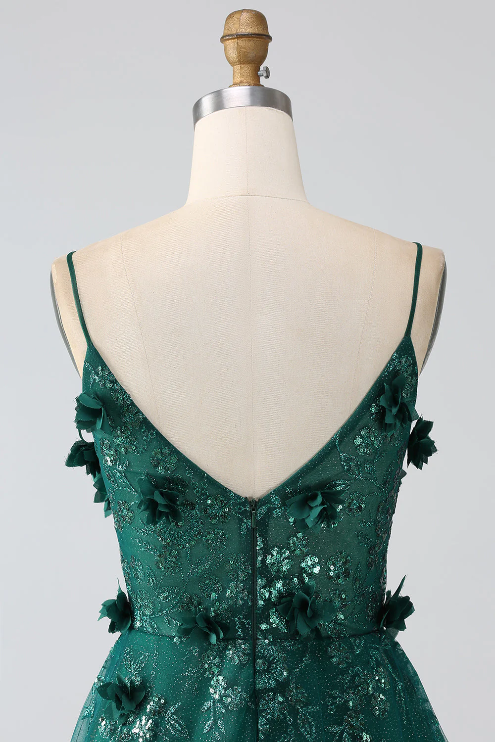 Paillettes Vert Foncé Spaghetti Bretelles Dentelle Fleur Longue Corset Robe De Bal - Image 5