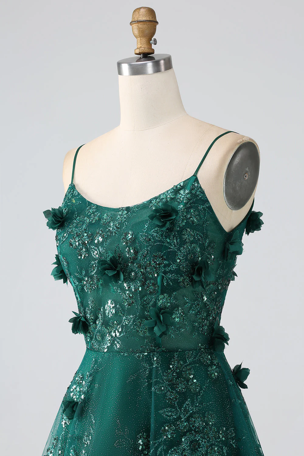 Paillettes Vert Foncé Spaghetti Bretelles Dentelle Fleur Longue Corset Robe De Bal - Image 6