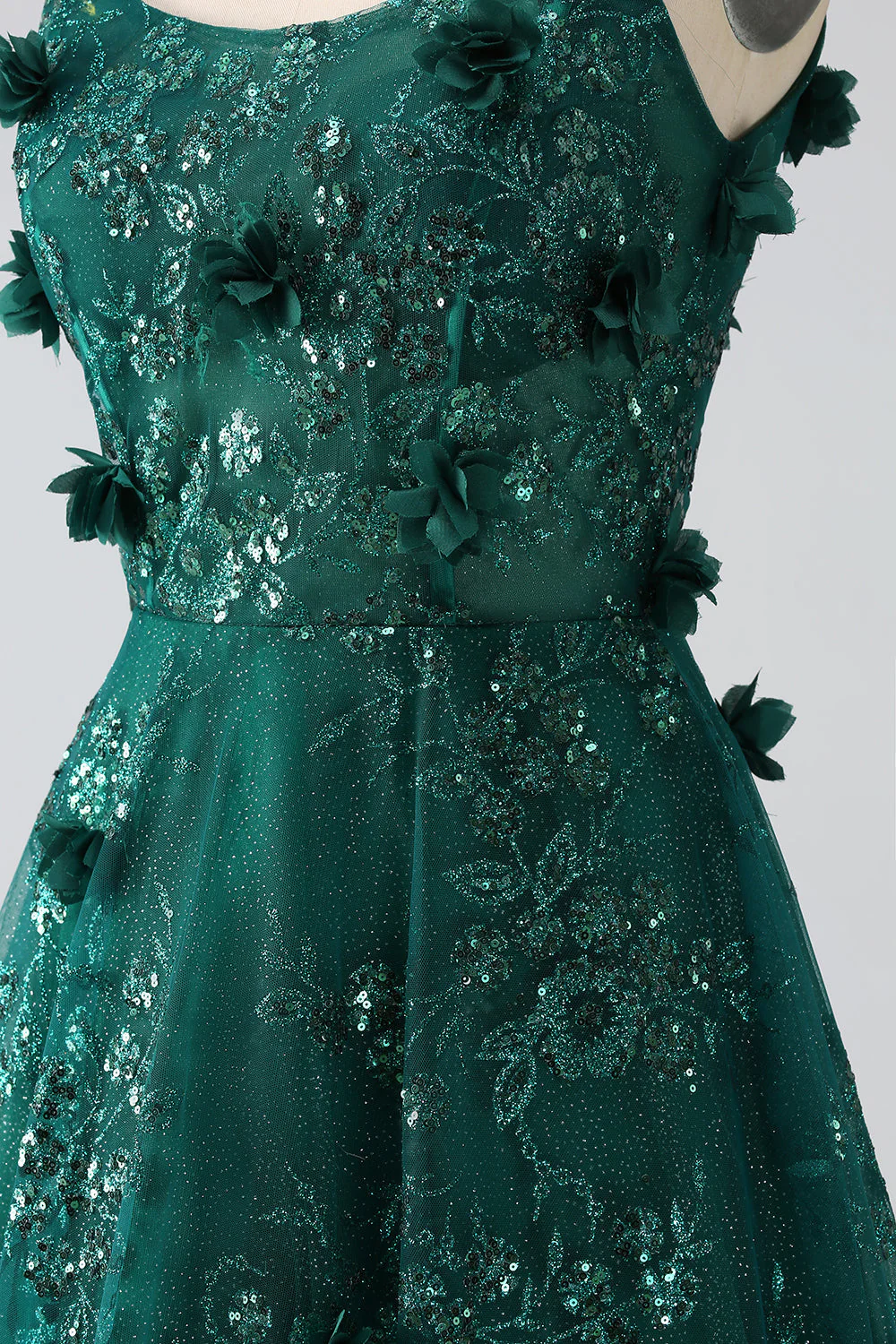 Paillettes Vert Foncé Spaghetti Bretelles Dentelle Fleur Longue Corset Robe De Bal - Image 7