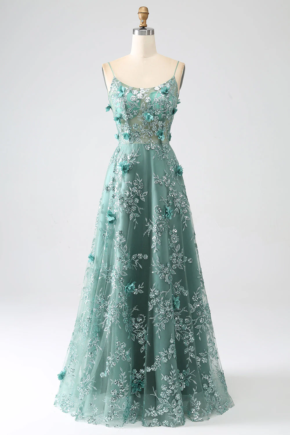 Paillettes Vert Foncé Spaghetti Bretelles Dentelle Fleur Longue Corset Robe De Bal - Image 8