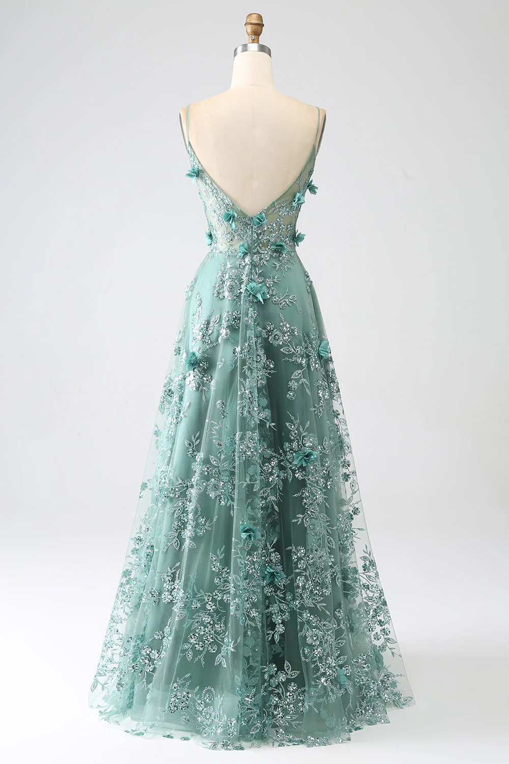Paillettes Vert Foncé Spaghetti Bretelles Dentelle Fleur Longue Corset Robe De Bal - Image 9