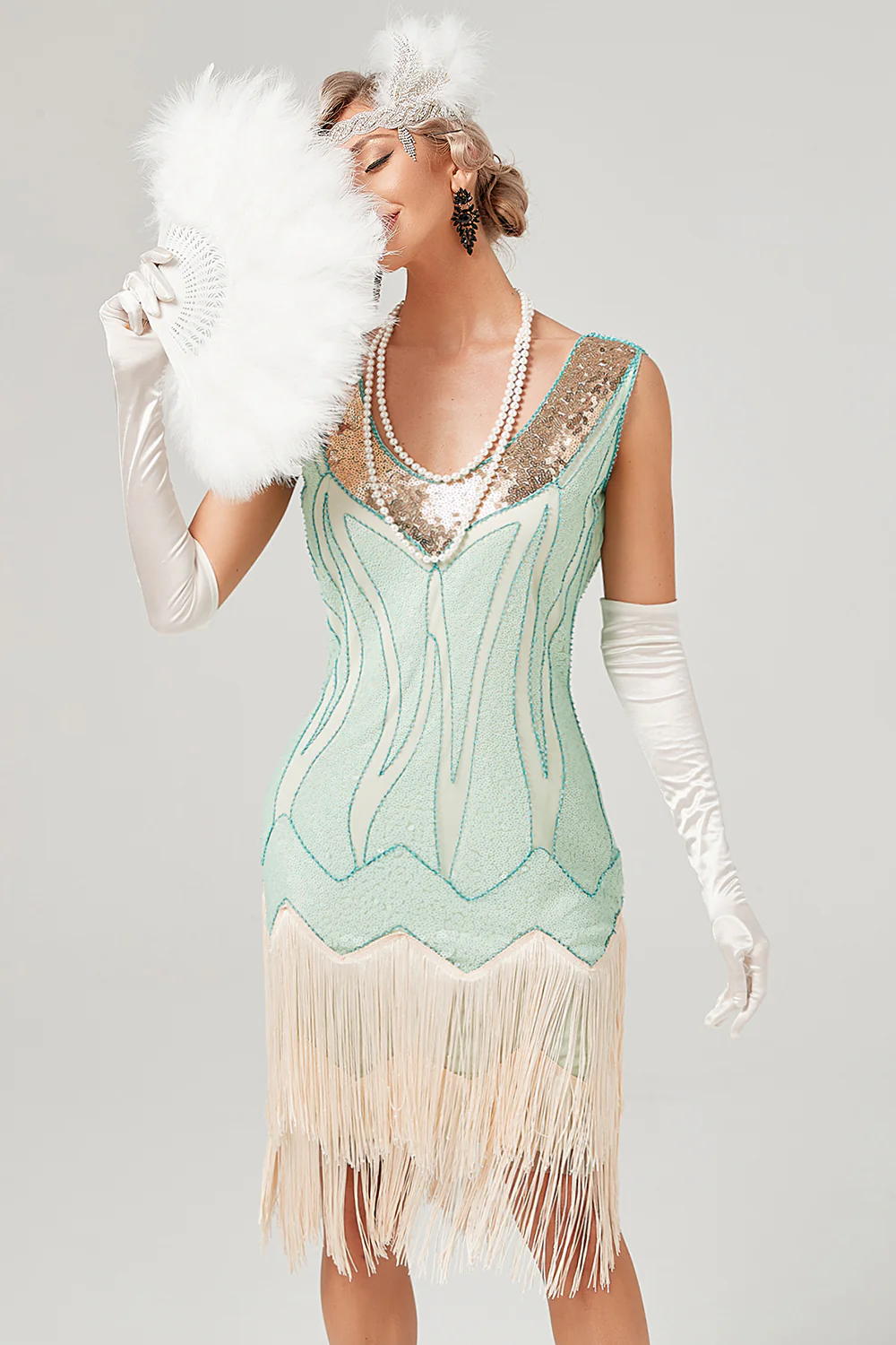 Paillettes Vert Short Robe de Fête des années 1920 - Image 3