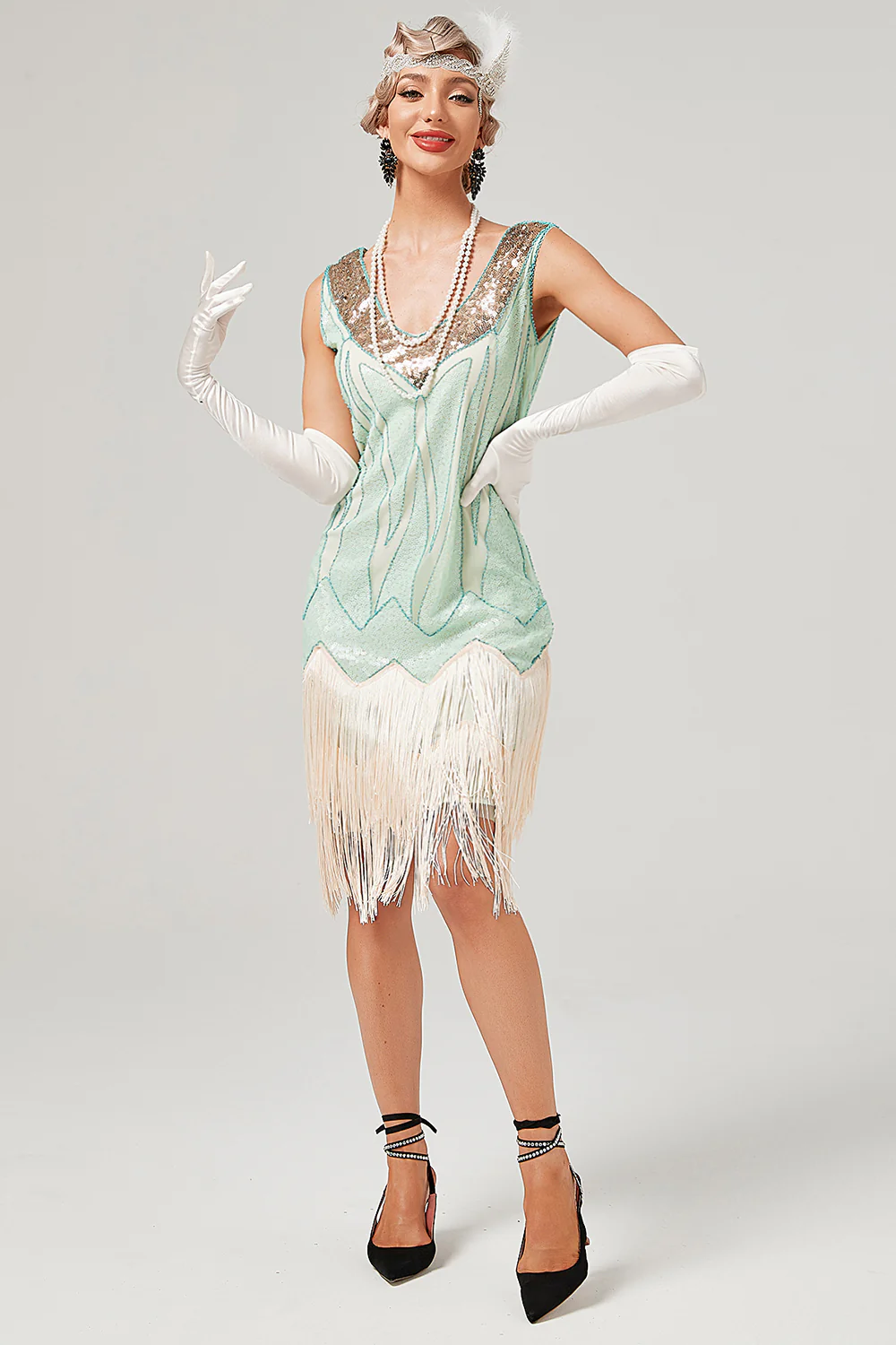 Paillettes Vert Short Robe de Fête des années 1920 - Image 4