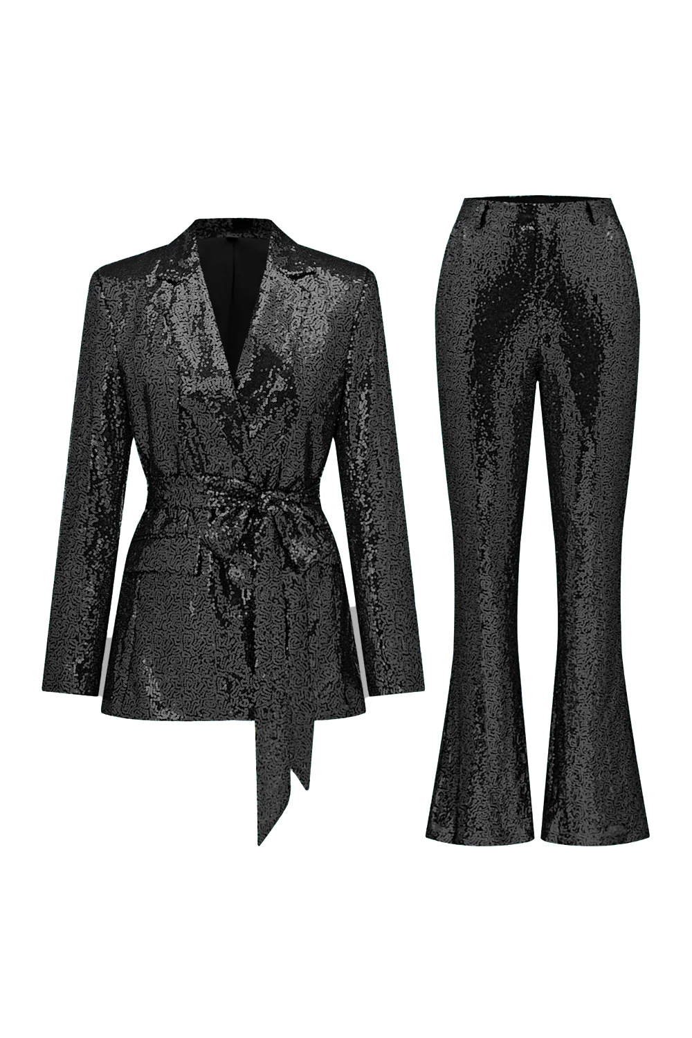 Paillettes vertes scintillantes à revers cranté femmes costumes avec ceinture - Image 14
