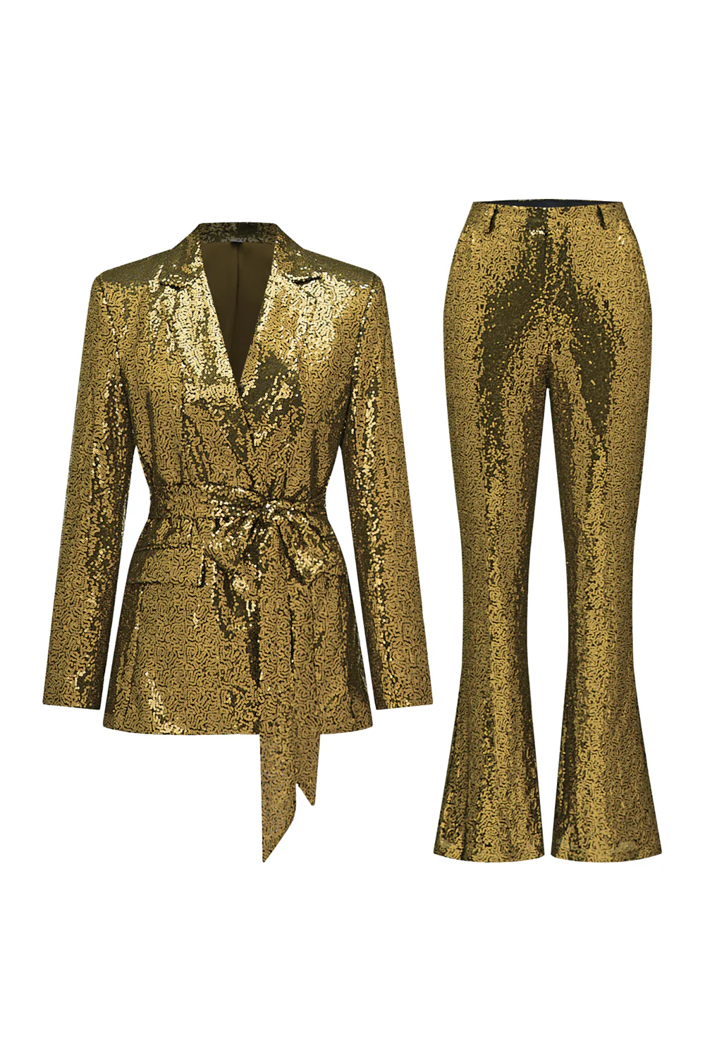 Paillettes vertes scintillantes à revers cranté femmes costumes avec ceinture - Image 18
