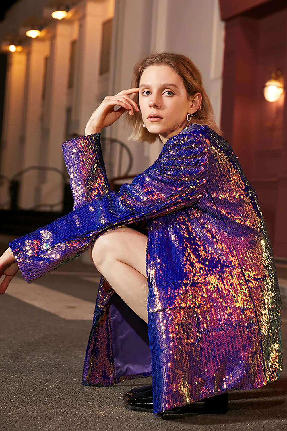 Paillettes violettes scintillantes Blazer de bal surdimensionné pour femmes - Image 5
